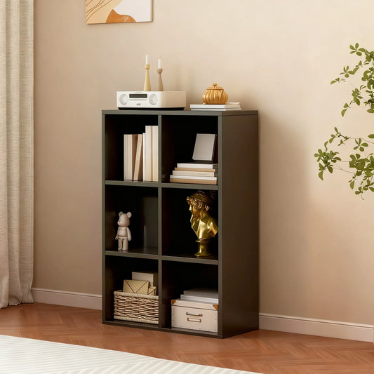 3-Tier 6-Cube Wooden Shelf, Black Finish for Organized Storage & Display