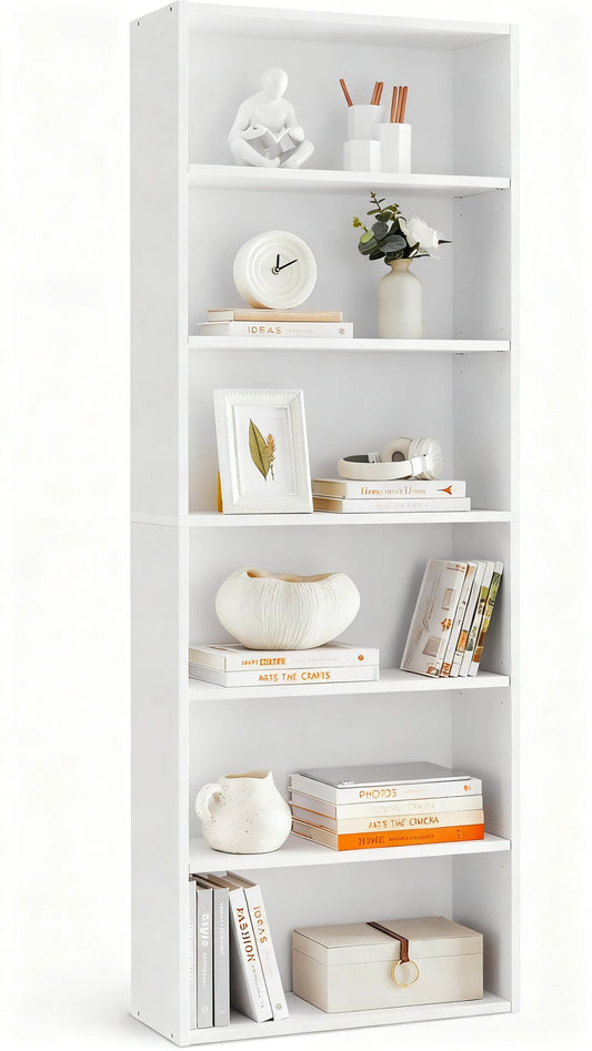 Cloud White 6-Shelf Bookcase, Open Tiered Design, Flexible Home & Office Storage